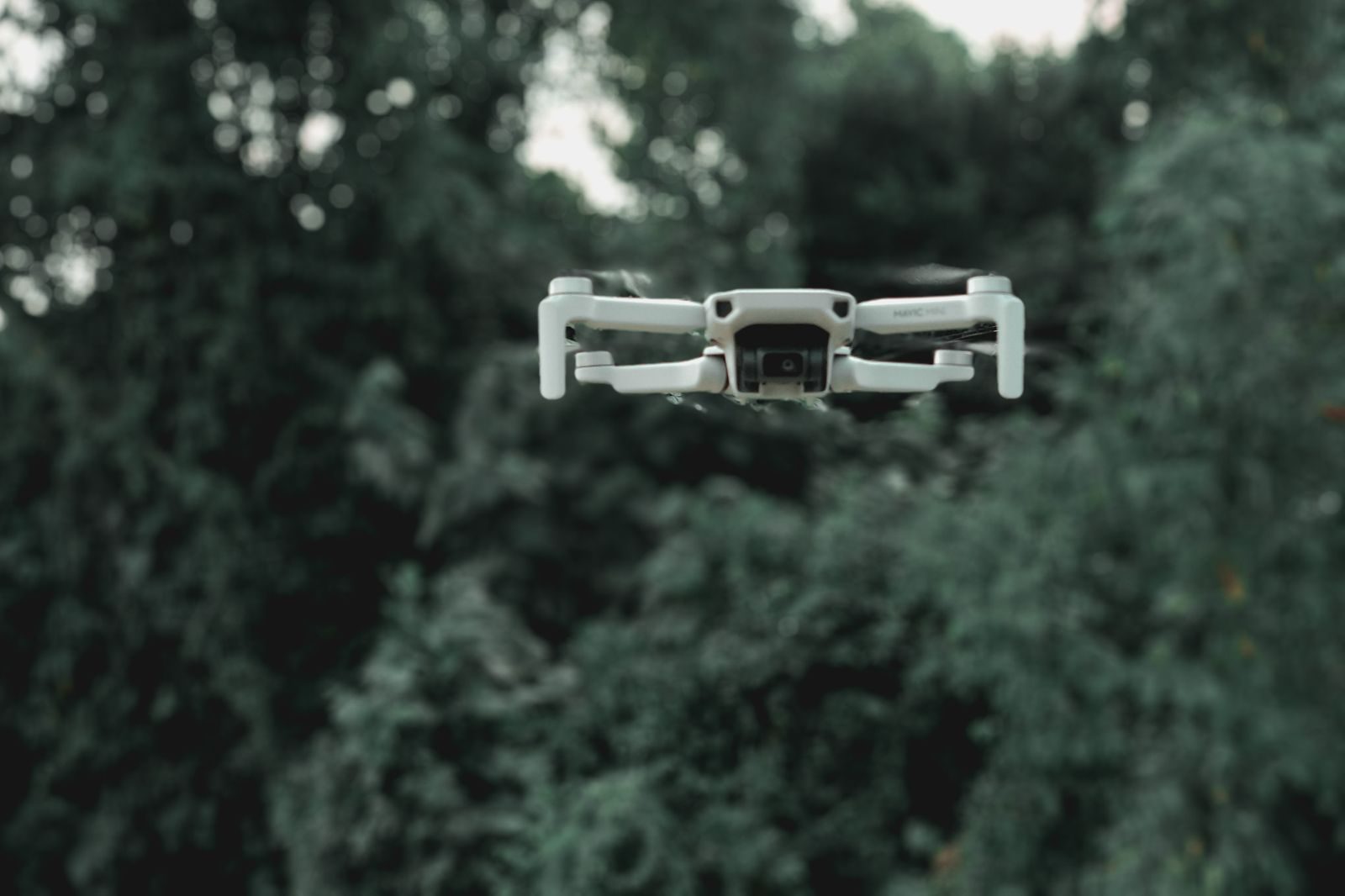 Dron patrolujący las nad drzewami